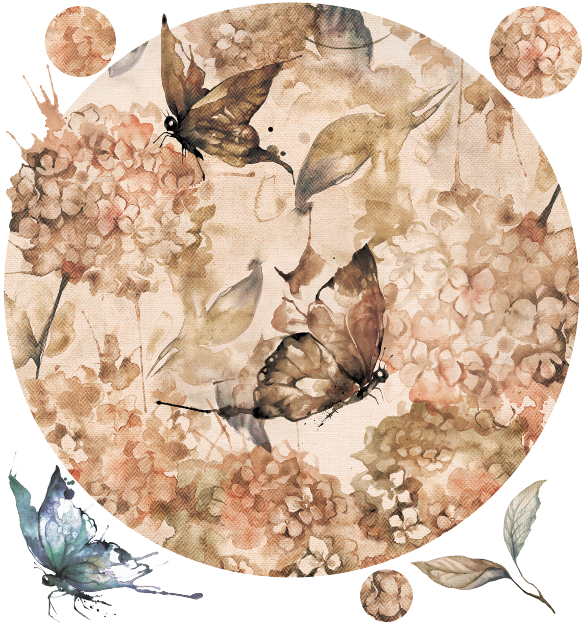Okrągła fototapeta, kwiaty i motyle, hortensja. Fototapeta samoprzylepna
