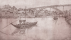 fototapeta do salonu, tapeta artystyczna, ręcznie rysowana, widok na port, morski klimat, most 