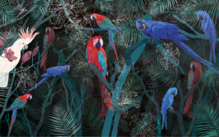 Fototapeta, tapeta do salonu, tropikalny wzór, ptaki, papugi, liście palmy, kakadu