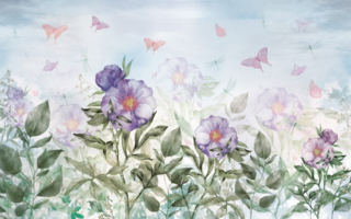 fototapeta dla dzieci, natura, kolorowe kwiaty, motyle i ważki