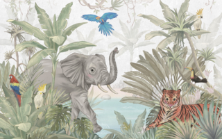 fototapeta dla dzieci, fototapeta dla młodzieży, dżungla, zwierzęta z dżungli, słoń, papugi, tygrys, oaza