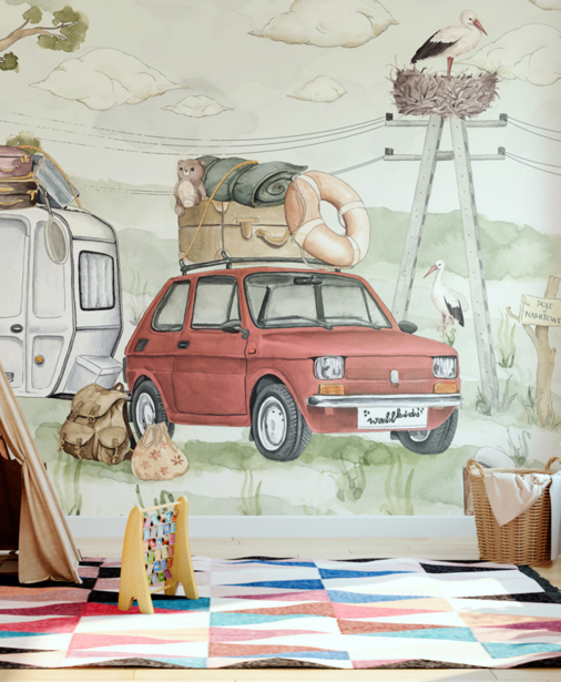 fototapeta z samochodem, tapeta do pokoju dziecka, tapeta las, wakacje , camping, zwierzęta