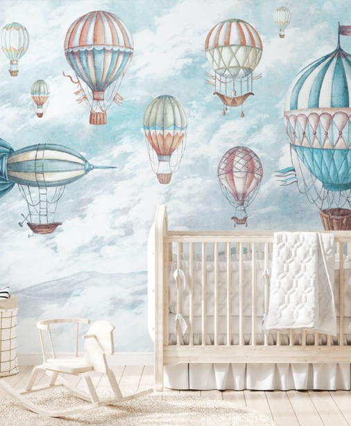 Fototapeta, tapeta do pokoju dziecka, balony, chmury, magiczny krajobraz, wesoły wzór, kolorowa tapeta 