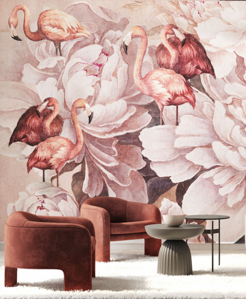 fototapeta do salonu, artystyczny wzór, wielkie kwiaty piwonii, natura, flamingi, różowy