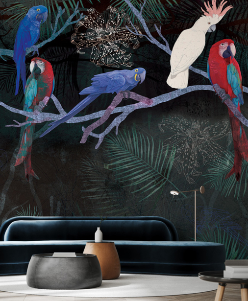 Fototapeta, tapeta do salonu, wzór tropikalny, papugi, las, liście palmy