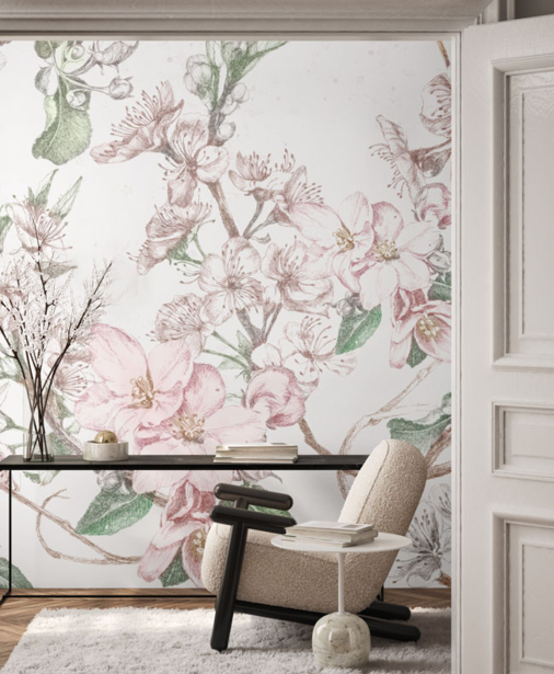 fototapeta do salonu, ręcznie malowane kwiaty, kwiaty wiśni, styl orientalny, natura