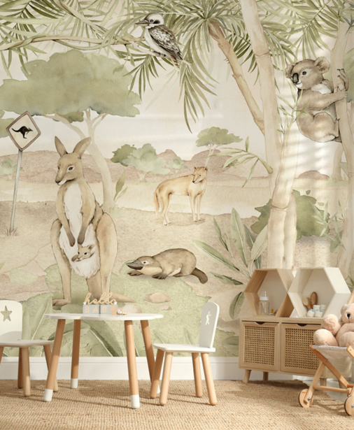 fototapeta do pokoju dziecięcego, Australia, kangur, zwierzęta, krajobraz, dzika Australia, palmy