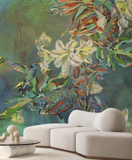 tapeta artystyczna, tapeta do salonu, od artysty, kolorowy, nowoczesny, kwiaty, ptaki, ryby