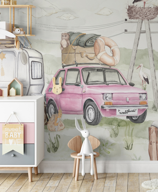 tapeta dla dziewczynki, różowy maluch, samochód, retro pojazdy, wakacje, 