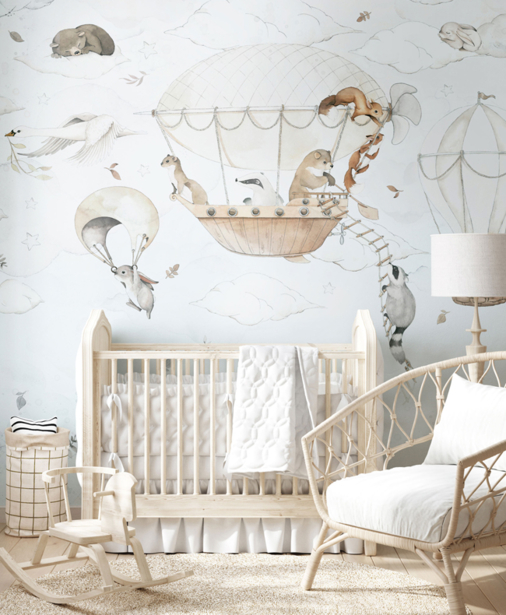 tapeta dla niemowlaka, tapeta do pokoju dziecka, zwierzątka, balon, chmury, miś