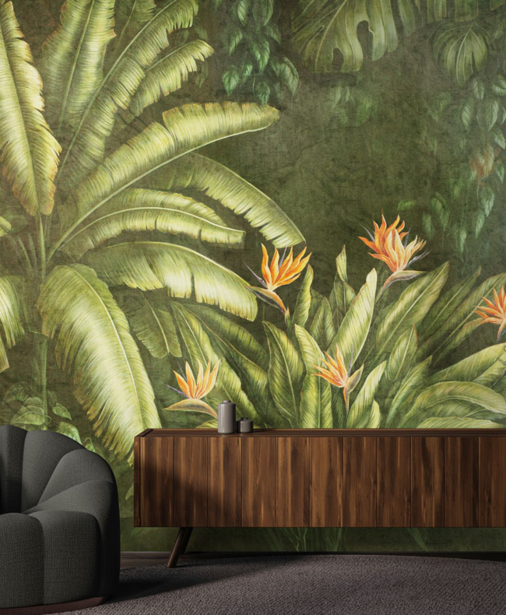 tapeta do salonu, tapeta do kuchni, tapeta artystyczna, malarski wzór, egzotyczna tapeta, liście, kwiaty, dżungla