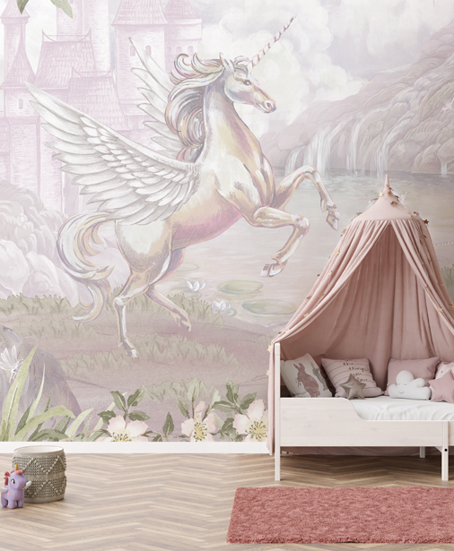 tapeta dla dziewczynki, jednorożec, magia, tapeta z koniem, różowa tapeta,  pegaz, magiczne królestwo