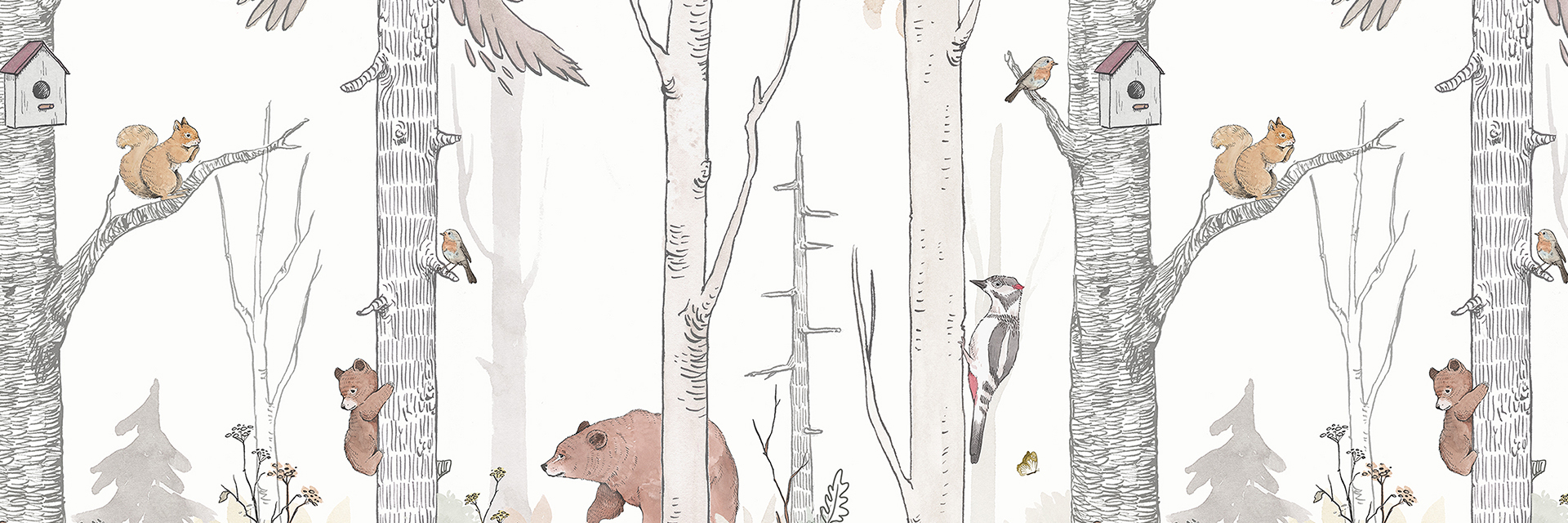 fototapeta leśne zwierzęta, tapeta do pokoju dziecięcego, tapeta las, natura, miś