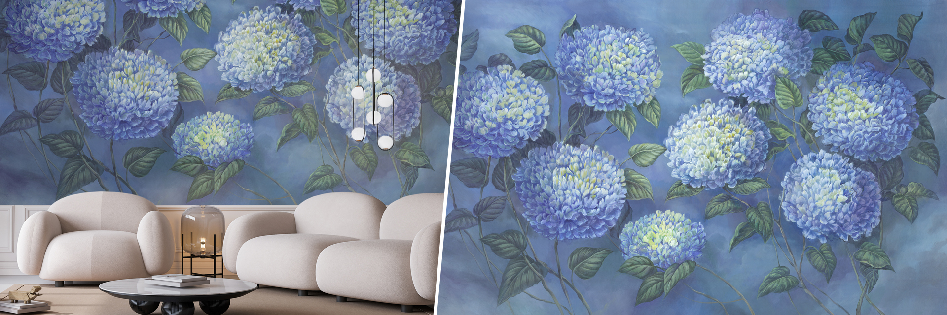 tapeta do salonu, tapeta artystyczna, duże kwiaty, hortensje, niebieskie, elegancka tapeta