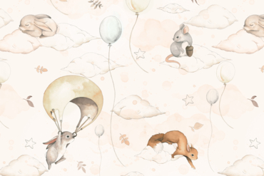fototapeta zwierzęta, balony, chmury, tapeta do pokoju dziecka, latające zwierzęta, 