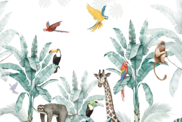 fototapeta dżungla, zwierzęta, tapeta do pokoju dziecka, zoo, natura, liście, monstera
