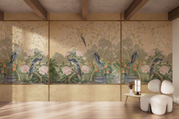 Fototapeta, tapeta do salonu, styl orientalny, egzotyczny wzór, kolorowe ptaki, natura, liście