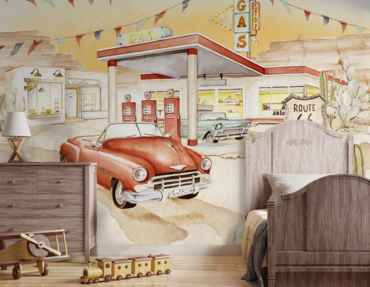 tapeta do pokoju dziecięcego, tapeta dla chłopca, samochód retro, klasyki, road 66 