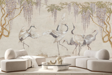 Fototapeta, tapeta do salonu, wzór orientalny, ptaki, żurawie, wabi-sabi, wisteria, kwiaty